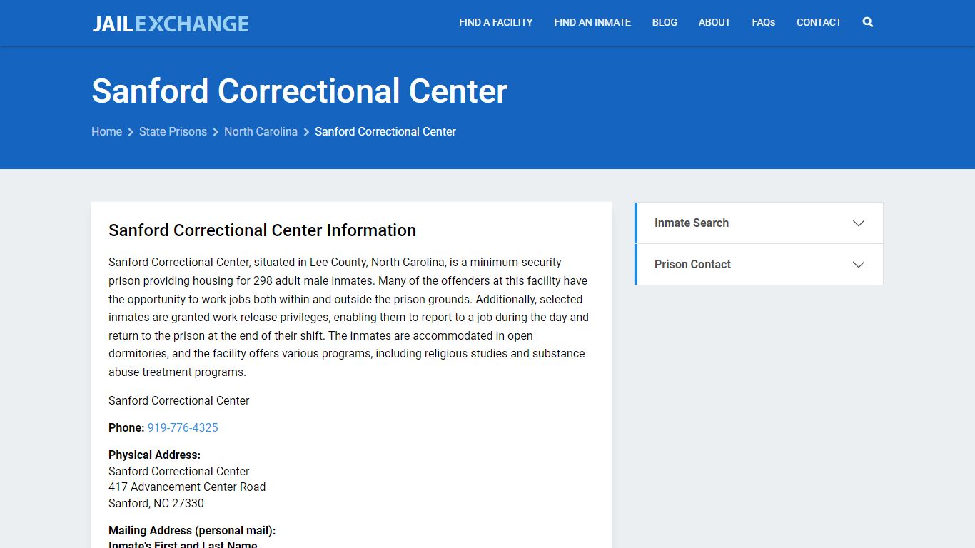 Sanford Correctional Center Inmate Search, NC - Jail Exchange