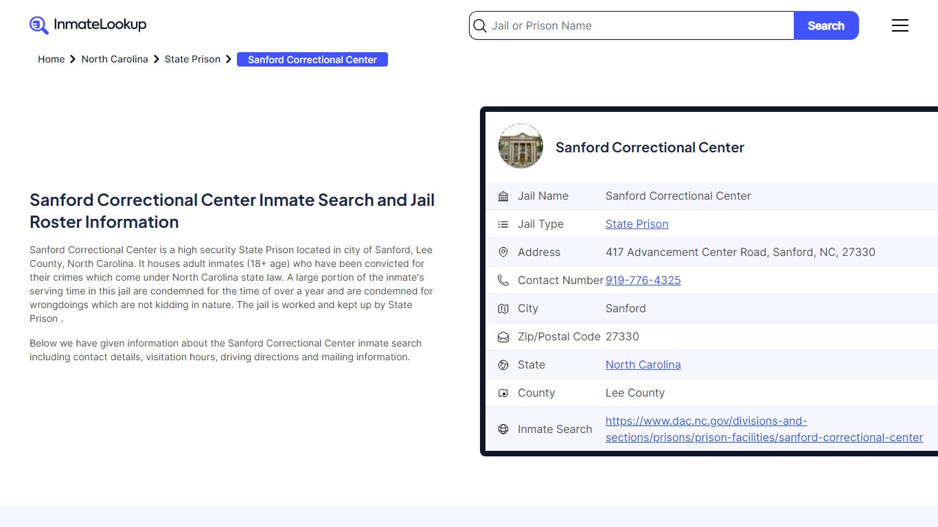Sanford Correctional Center Inmate Search, Jail Roster, Bookings ...